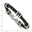 Stainless Steel Polished Antiqued Skull Black Braided Leather Bracelet