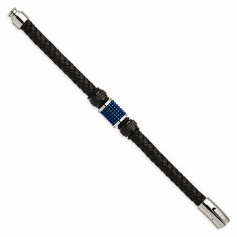 Stainless Steel Polished Blk & Blue IP Blk Rubber Blk Leather Bracelet