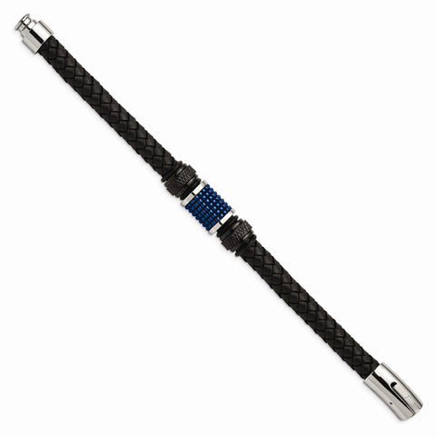 Stainless Steel Polished Blk & Blue IP Blk Rubber Blk Leather Bracelet