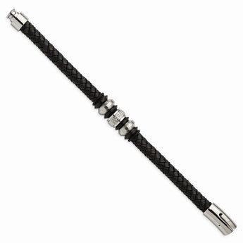 Stainless Steel Brushed/Polished Blk Leather Blk IP Blk Rubber Bracelet