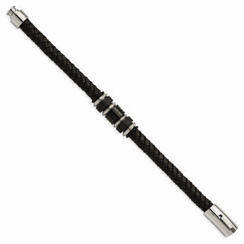 Stainless Steel Brushed/Polished Blk Leather Blk IP Blk Rubber Bracelet