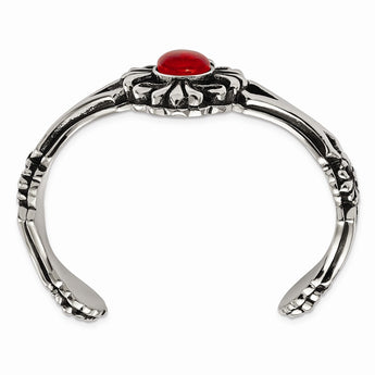 Stainless Steel Polished/Antiqued Flower Red Glass Cuff Bracelet