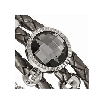 Stainless Steel Polished Grey Faux Leather & Glass .75in ext Bracelet