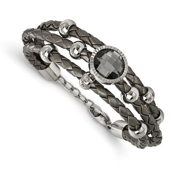 Stainless Steel Polished Grey Faux Leather & Glass .75in ext Bracelet