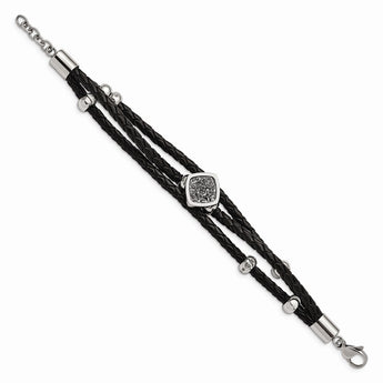 Stainless Steel Polished w/Druzy and Crystal Leather w/.75in ext. Bracelet