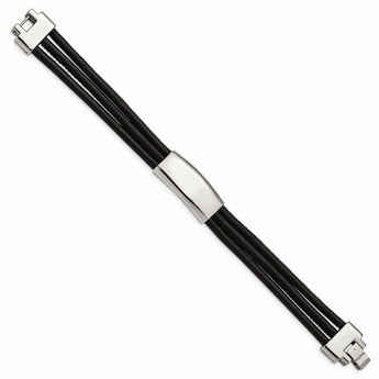 Stainless Steel Polished Blk Leather ID Bracelet