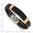 Stainless Steel Polished Rose IP Blk Leather 8 inch Bracelet