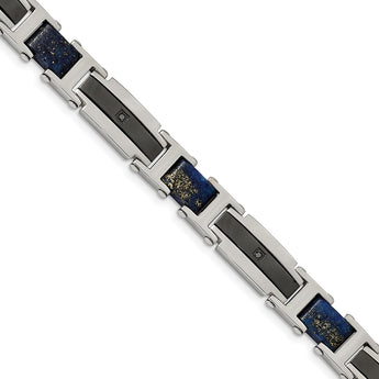 Stainless Steel Polished Black IP w/ Genuine Lapis & Black CZ 8.75in Bracel