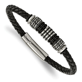 Stainless Steel Polished and Black IP Bead Braided Black Leather Bracelet