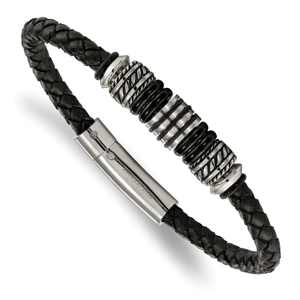 Stainless Steel Polished and Black IP Bead Braided Black Leather Bracelet