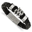 Stainless Steel Brushed and Polished Black Leather (.5in extra link) Bracel