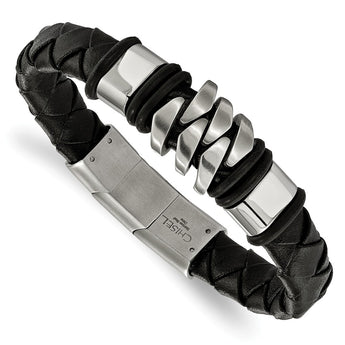 Stainless Steel Brushed and Polished Black Leather (.5in extra link) Bracel