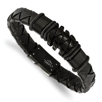 Stainless Steel Brushed Black IP-plated Black Leather Bracelet