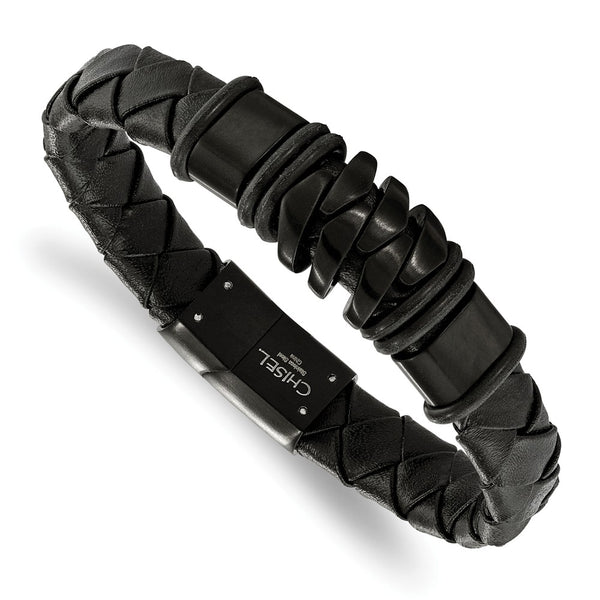Stainless Steel Brushed Black IP-plated Black Leather Bracelet