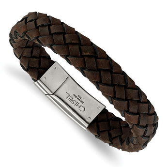 Stainless Steel Brushed Brown Leather Bracelet