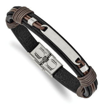 Stainless Steel Polished Black and Brown Leather 8.25in Bracelet