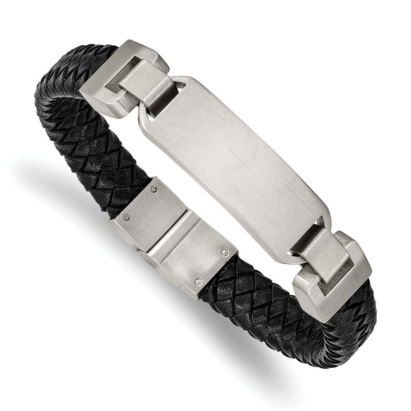 Stainless Steel Brushed Black Leather 8.5in ID Bracelet