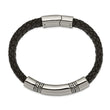 Stainless Steel Antiqued and Polished Black Leather 8.25in ID Bracelet