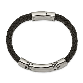 Stainless Steel Antiqued and Polished Black Leather 8.25in ID Bracelet