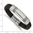 Stainless Steel Antiqued and Polished Black Leather 8.25in ID Bracelet