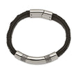Stainless Steel Antiqued and Polished Black Leather 8.25in ID Bracelet