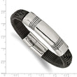 Stainless Steel Antiqued and Polished Black Leather 8.25in ID Bracelet
