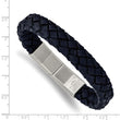 Stainless Steel Brushed Navy Braided Leather 8.25in w/.5in ext. Bracelet