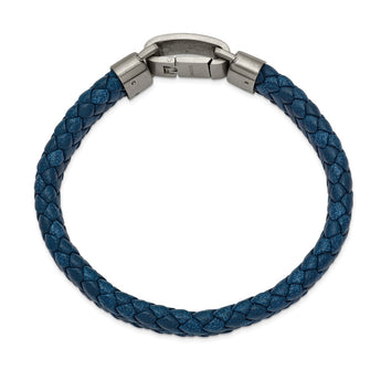 Stainless Steel Brushed Blue Leather 8.25in Bracelet