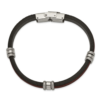 Stainless Steel Polished Black and Brown Leather 8.25in Bracelet