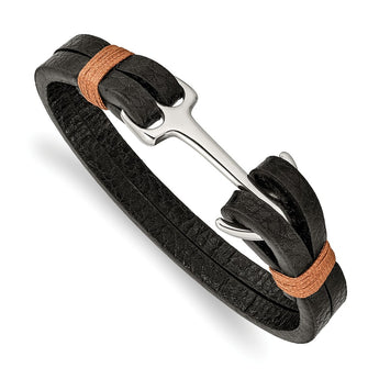 Stainless Steel Polished Black Leather w/Cotton Anchor Hook 9in Bracelet