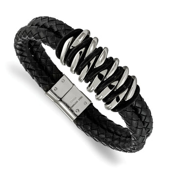 Stainless Steel Black Rubber & Leather 8.5in Bracelet