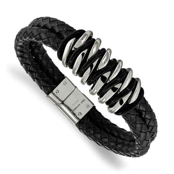 Stainless Steel Black Rubber & Leather 8.5in Bracelet