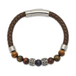 Stainless Steel Antiqued & Polished MultiColor Tiger's Eye Leather Bracelet