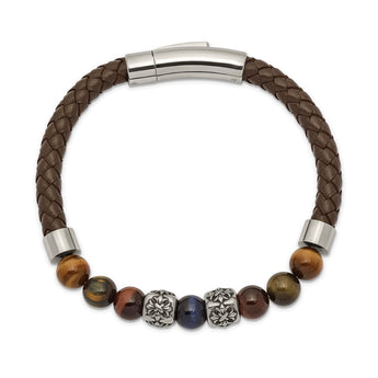 Stainless Steel Antiqued & Polished MultiColor Tiger's Eye Leather Bracelet