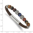 Stainless Steel Antiqued & Polished MultiColor Tiger's Eye Leather Bracelet