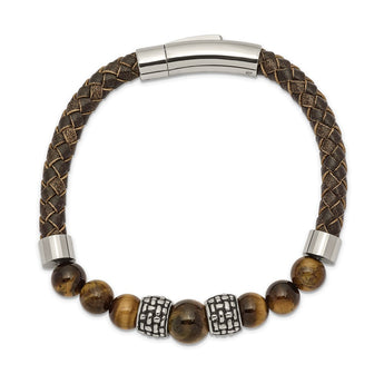 Stainless Steel Antiqued and Polished Tiger's Eye Leather 8.5in Bracelet