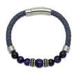 Stainless Steel Antiqued and Polished Blue Tiger's Eye Leather Bracelet