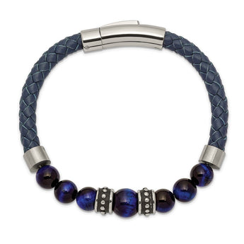 Stainless Steel Antiqued and Polished Blue Tiger's Eye Leather Bracelet