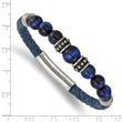 Stainless Steel Antiqued and Polished Blue Tiger's Eye Leather Bracelet