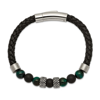 Stainless Steel Antiqued & Polished Black Agate/Green Tiger's Eye Leather B
