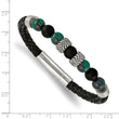 Stainless Steel Antiqued & Polished Black Agate/Green Tiger's Eye Leather B