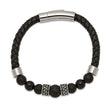 Stainless Steel Antiqued and Polished Black Agate Leather 8.25in Bracelet