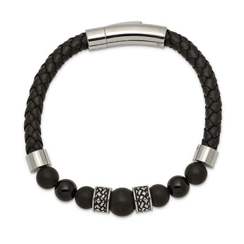 Stainless Steel Antiqued and Polished Black Agate Leather 8.25in Bracelet