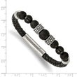 Stainless Steel Antiqued and Polished Black Agate Leather 8.25in Bracelet