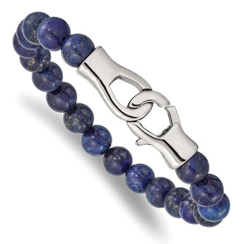 Stainless Steel Polished Genuine Lapis Beads 9in Bracelet