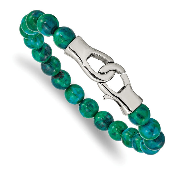Stainless Steel Polished Green Spot Stone Beaded 9in Bracelet
