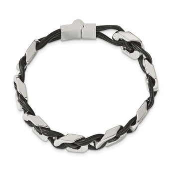 Stainless Steel Black Leather 8in Bracelet