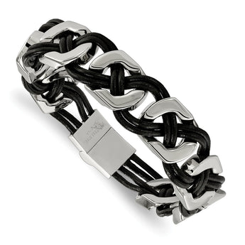 Stainless Steel Black Leather 8in Bracelet