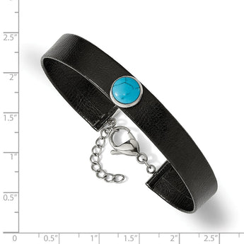 Stainless Steel Polished Leather w/Imit. Turquoise w/1.25in ext. Bracelet