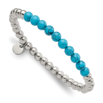 Stainless Steel Polished Synthetic Turquoise Beaded Stretch Bracelet